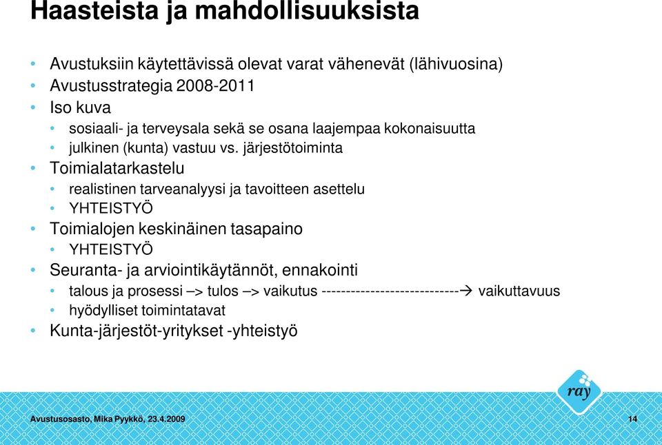 järjestötoiminta Toimialatarkastelu realistinen tarveanalyysi ja tavoitteen asettelu YHTEISTYÖ Toimialojen keskinäinen tasapaino YHTEISTYÖ