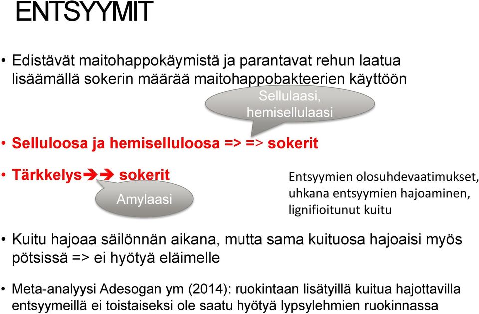 hajoaminen, lignifioitunut kuitu Kuitu hajoaa säilönnän aikana, mutta sama kuituosa hajoaisi myös pötsissä => ei hyötyä eläimelle