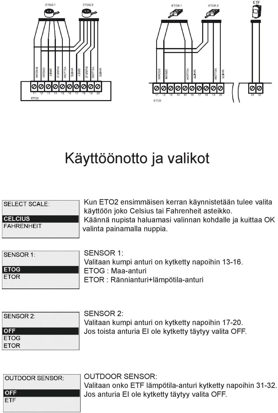 SENSOR 1: Valitaan kumpi anturi on kytketty napoihin 13-16.