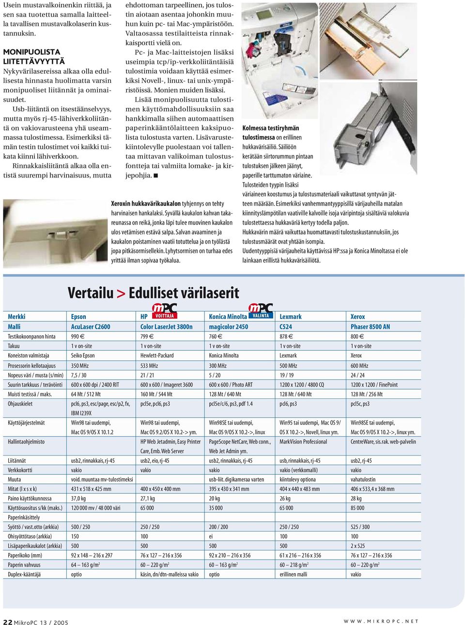 Usb-liitäntä on itsestäänselvyys, mutta myös rj-45-lähiverkkoliitäntä on vakiovarusteena yhä useammassa tulostimessa. Esimerkiksi tämän testin tulostimet voi kaikki tuikata kiinni lähiverkkoon.