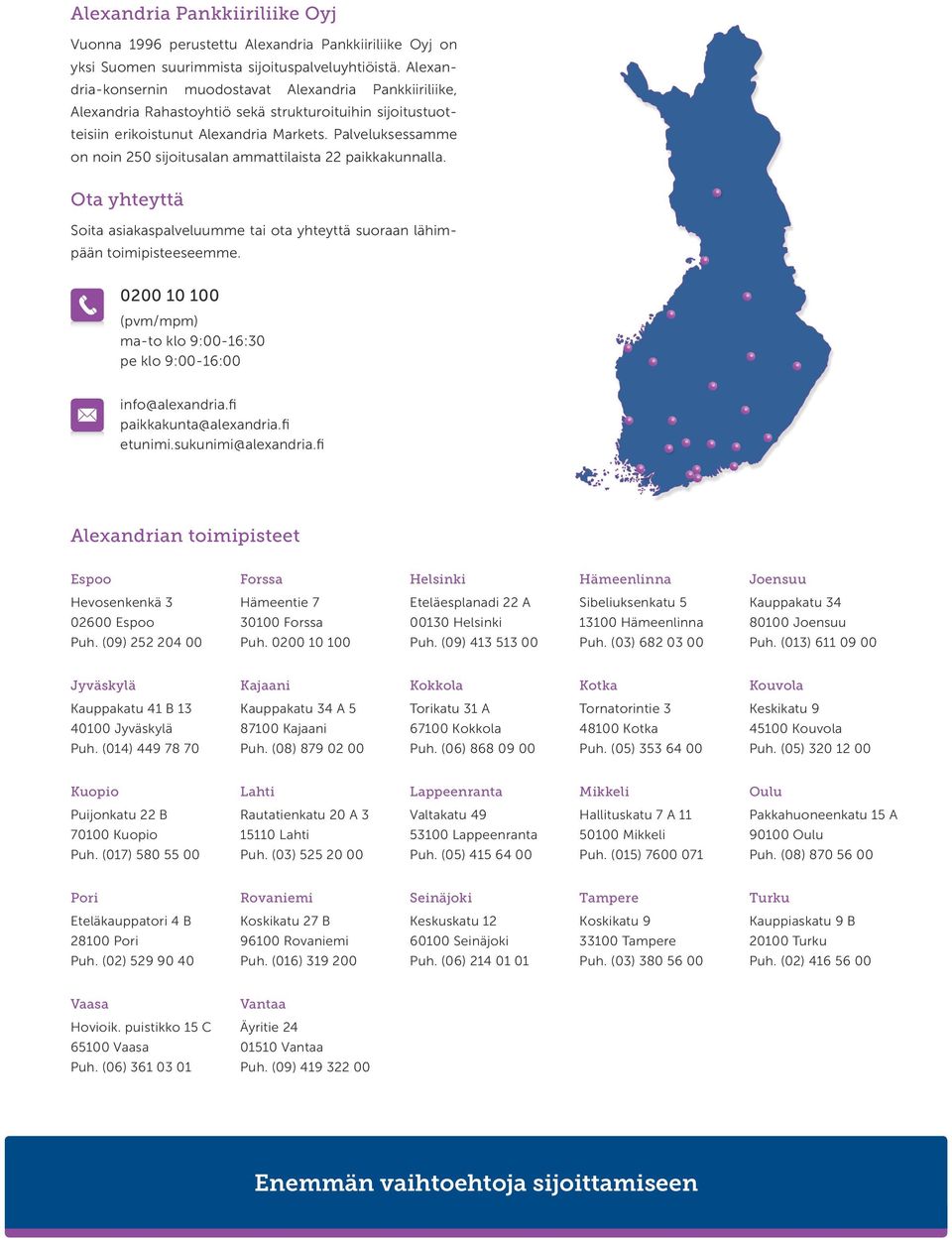 Palveluksessamme on noin 2 sijoitusalan ammattilaista 22 paikkakunnalla. Ota yhteyttä Soita asiakaspalveluumme tai ota yhteyttä suoraan lähimpään toimipisteeseemme.