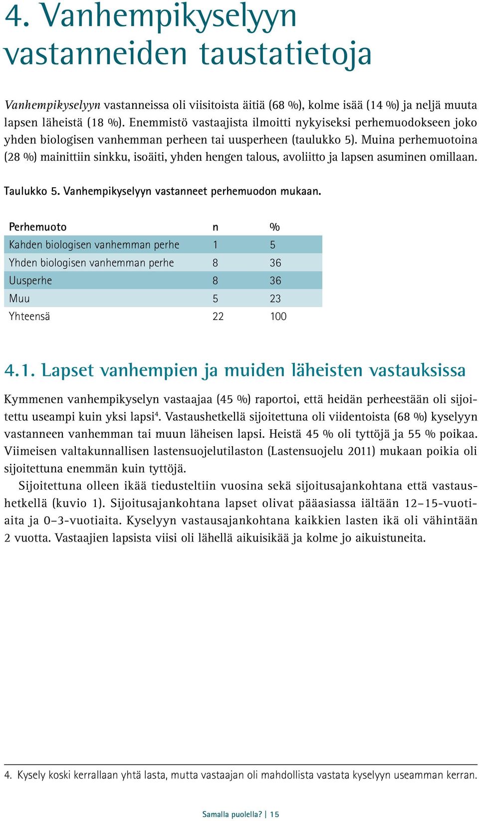 Muina perhemuotoina (28 %) mainittiin sinkku, isoäiti, yhden hengen talous, avoliitto ja lapsen asuminen omillaan. Taulukko 5. Vanhempikyselyyn vastanneet perhemuodon mukaan.