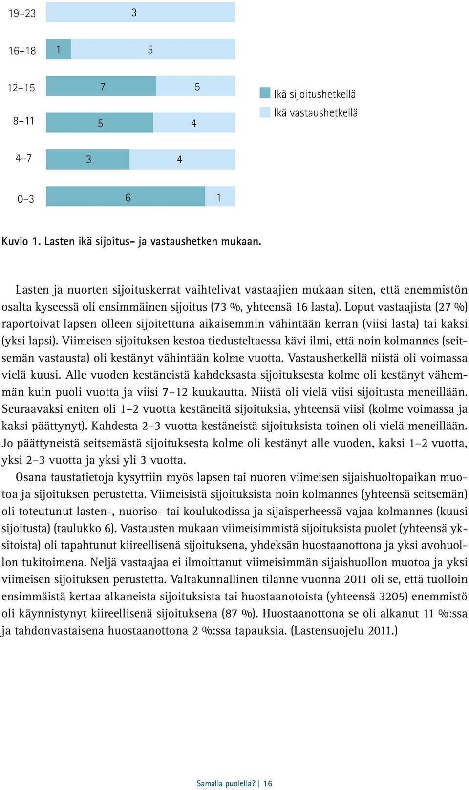 Loput vastaajista (27 %) raportoivat lapsen olleen sijoitettuna aikaisemmin vähintään kerran (viisi lasta) tai kaksi (yksi lapsi).