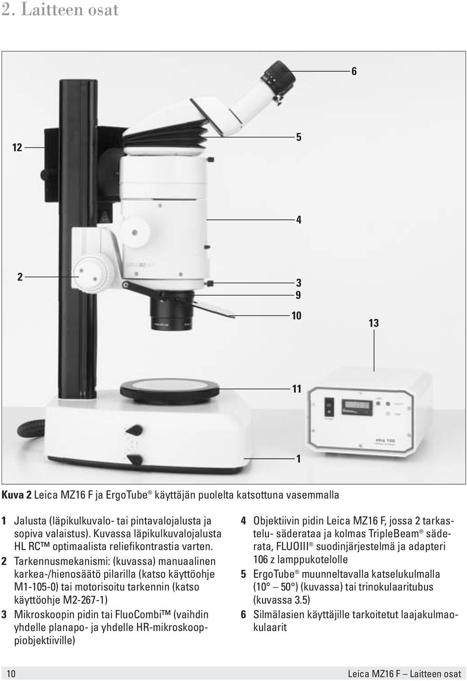 2 Tarkennusmekanismi: (kuvassa) manuaalinen karkea-/hienosäätö pilarilla (katso käyttöohje M1-105-0) tai motorisoitu tarkennin (katso käyttöohje M2-267-1) 3 Mikroskoopin pidin tai FluoCombi (vaihdin