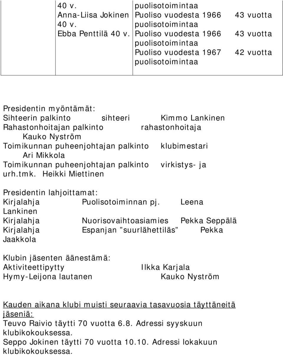 rahastonhoitaja Kauko Nyström Toimikunnan puheenjohtajan palkinto klubimestari Ari Mikkola Toimikunnan puheenjohtajan palkinto virkistys- ja urh.tmk.