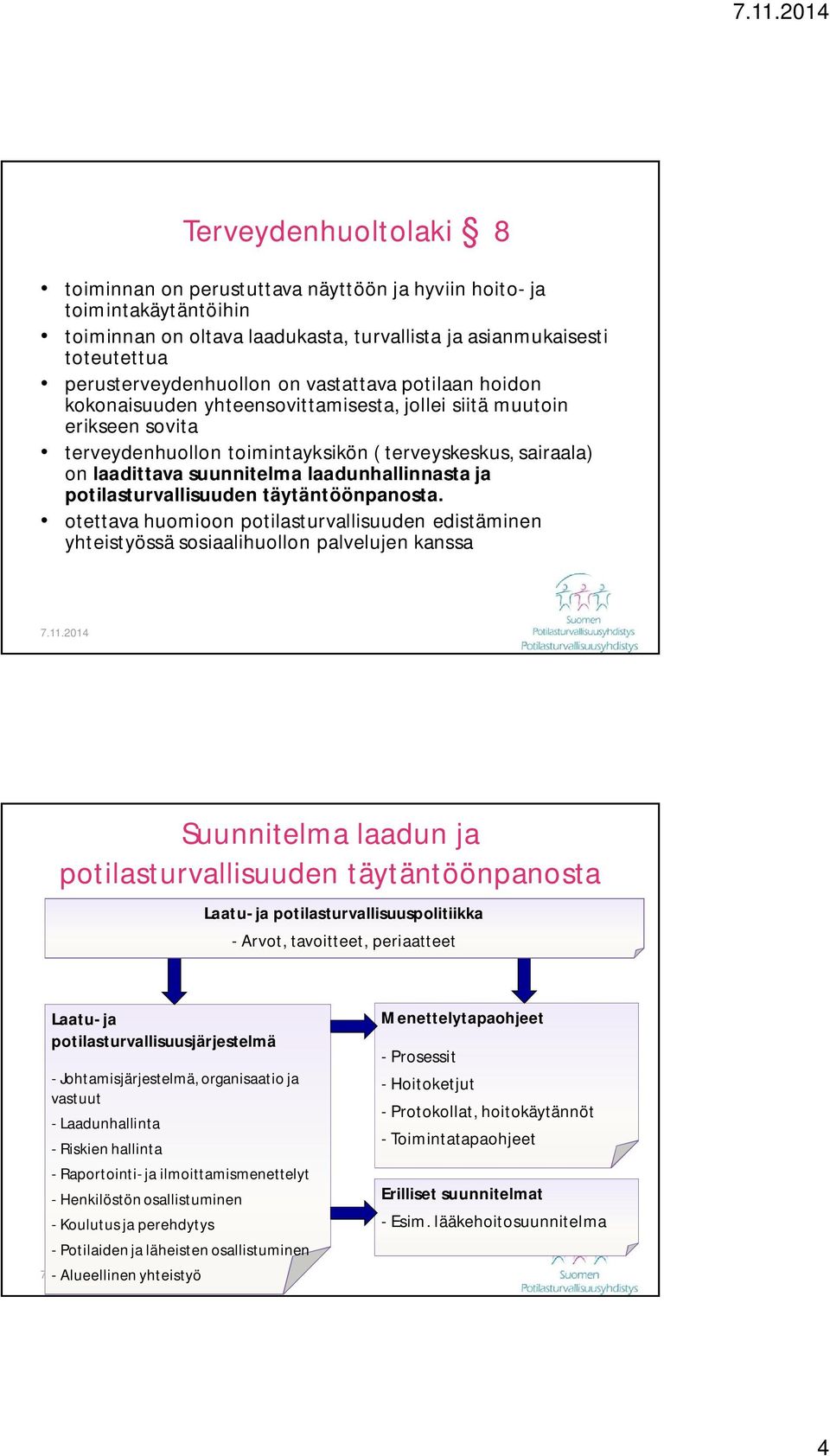 suunnitelma laadunhallinnasta ja potilasturvallisuuden täytäntöönpanosta. otettava huomioon potilasturvallisuuden edistäminen yhteistyössä sosiaalihuollon palvelujen kanssa 7.11.