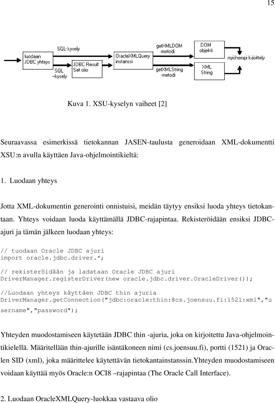 Rekisteröidään ensiksi JDBCajuri ja tämän jälkeen luodaan yhteys: // tuodaan Oracle JDBC ajuri import oracle.jdbc.driver.*; // rekisteröidään ja ladataan Oracle JDBC ajuri DriverManager.