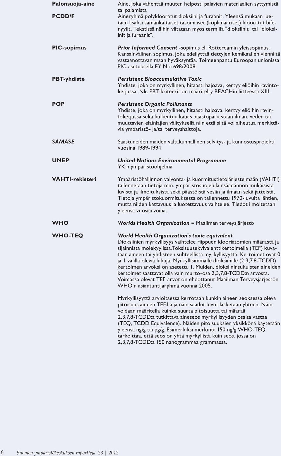 Tekstissä näihin viitataan myös termillä "dioksiinit" tai "dioksiinit ja furaanit". Prior Informed Consent -sopimus eli Rotterdamin yleissopimus.