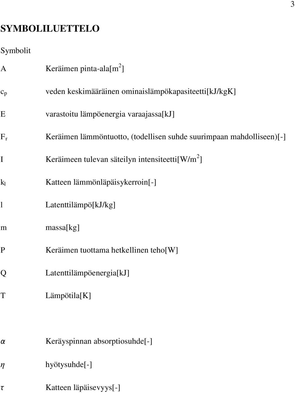 säteilyn intensiteetti[w/m 2 ] k l Katteen lämmönläpäisykerroin[-] l m P Q T Latenttilämpö[kJ/kg] massa[kg] Keräimen tuottama