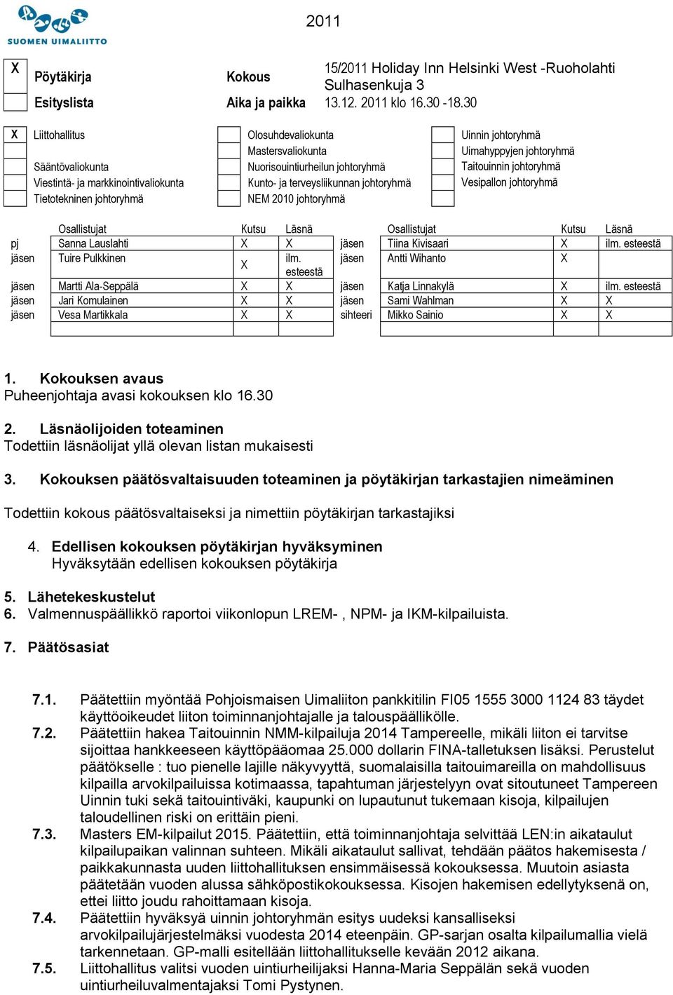 markkinointivaliokunta Kunto- ja terveysliikunnan johtoryhmä Vesipallon johtoryhmä Tietotekninen johtoryhmä NEM 2010 johtoryhmä Osallistujat Kutsu Läsnä Osallistujat Kutsu Läsnä pj Sanna Lauslahti X