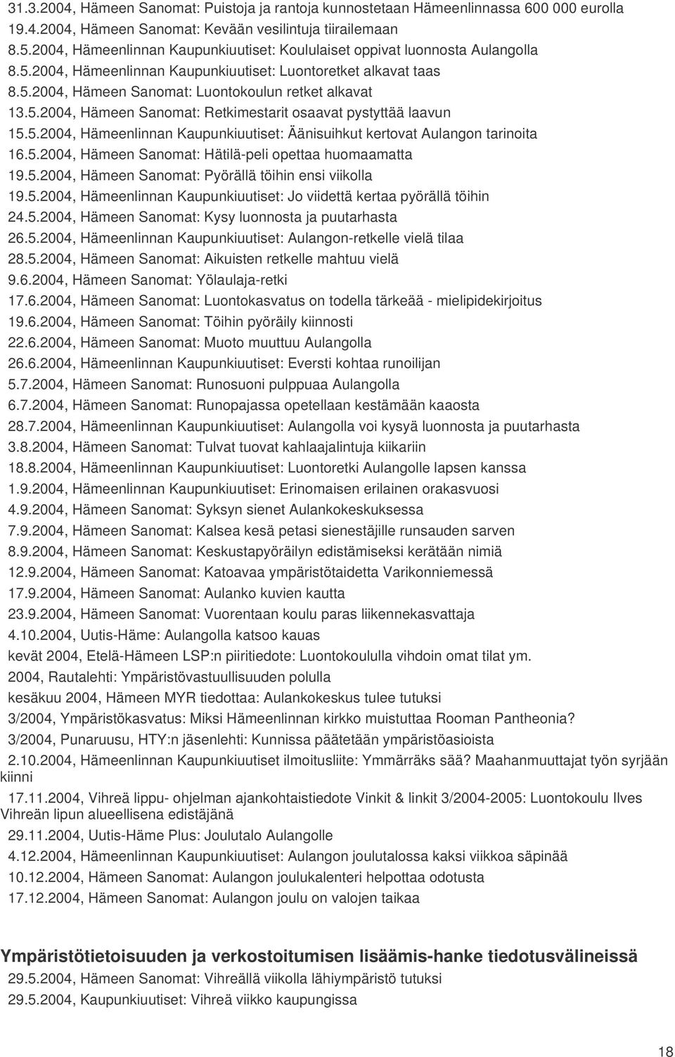 5.2004, Hämeen Sanomat: Retkimestarit osaavat pystyttää laavun 15.5.2004, Hämeenlinnan Kaupunkiuutiset: Äänisuihkut kertovat Aulangon tarinoita 16.5.2004, Hämeen Sanomat: Hätilä-peli opettaa huomaamatta 19.