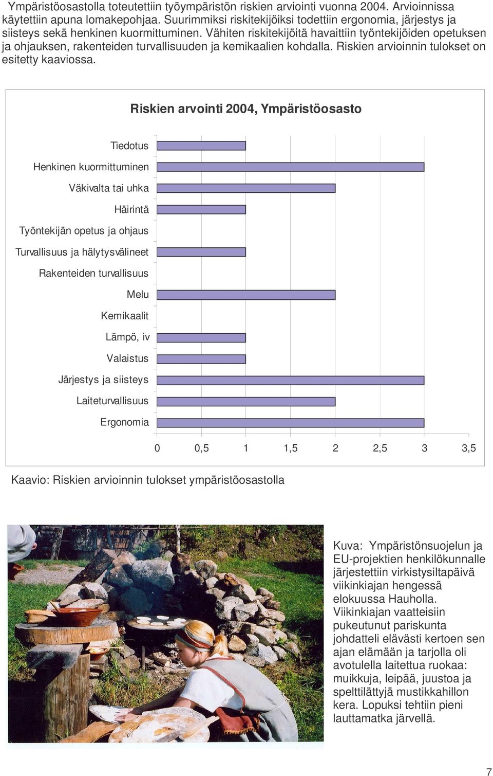 Vähiten riskitekijöitä havaittiin työntekijöiden opetuksen ja ohjauksen, rakenteiden turvallisuuden ja kemikaalien kohdalla. Riskien arvioinnin tulokset on esitetty kaaviossa.