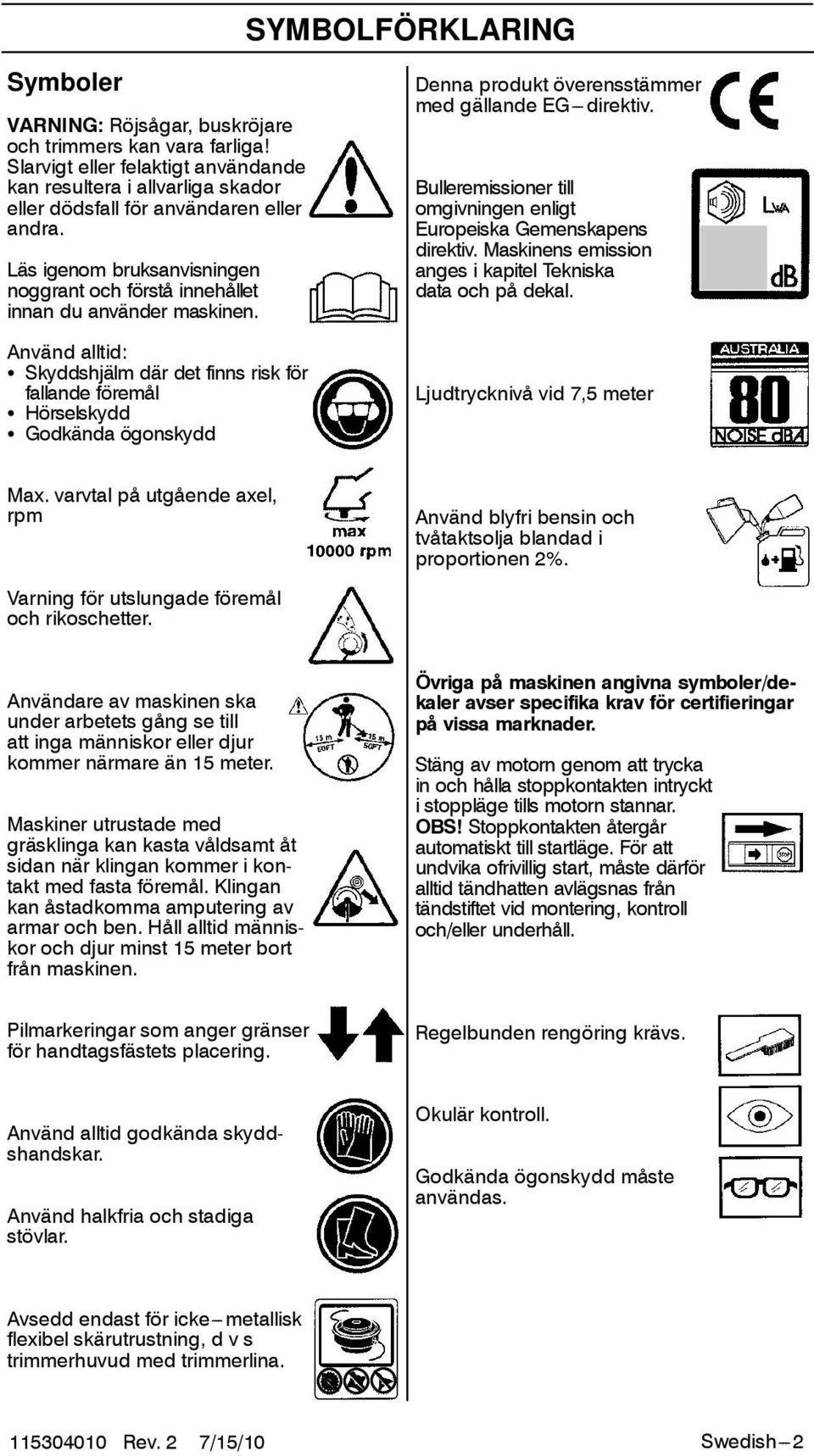 Använd alltid: S Skyddshjälm där det finns risk för fallande föremål S Hörselskydd S Godkända ögonskydd Denna produkt överensstämmer med gällande EG---direktiv.