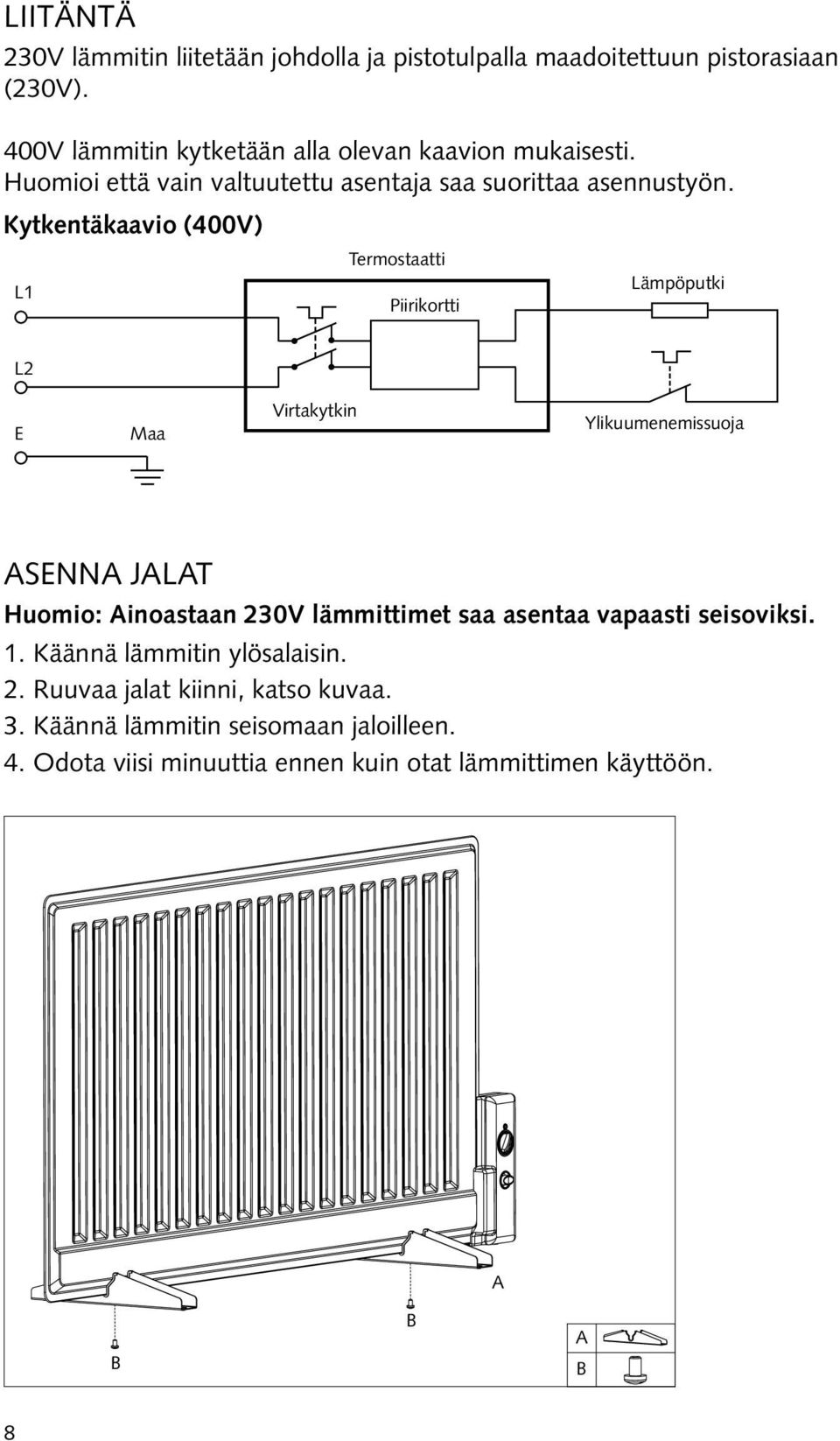 Kytkentäkaavio (400V) L1 Termostaatti Piirikortti Lämpöputki L2 E Maa Virtakytkin Ylikuumenemissuoja ASENNA JALAT Huomio: Ainoastaan 230V