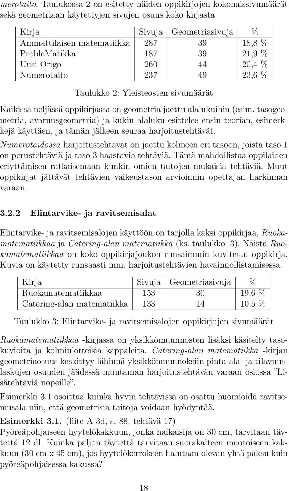 neljässä oppikirjassa on geometria jaettu alalukuihin (esim. tasogeometria, avaruusgeometria) ja kukin alaluku esittelee ensin teorian, esimerkkejä käyttäen, ja tämän jälkeen seuraa harjoitustehtävät.