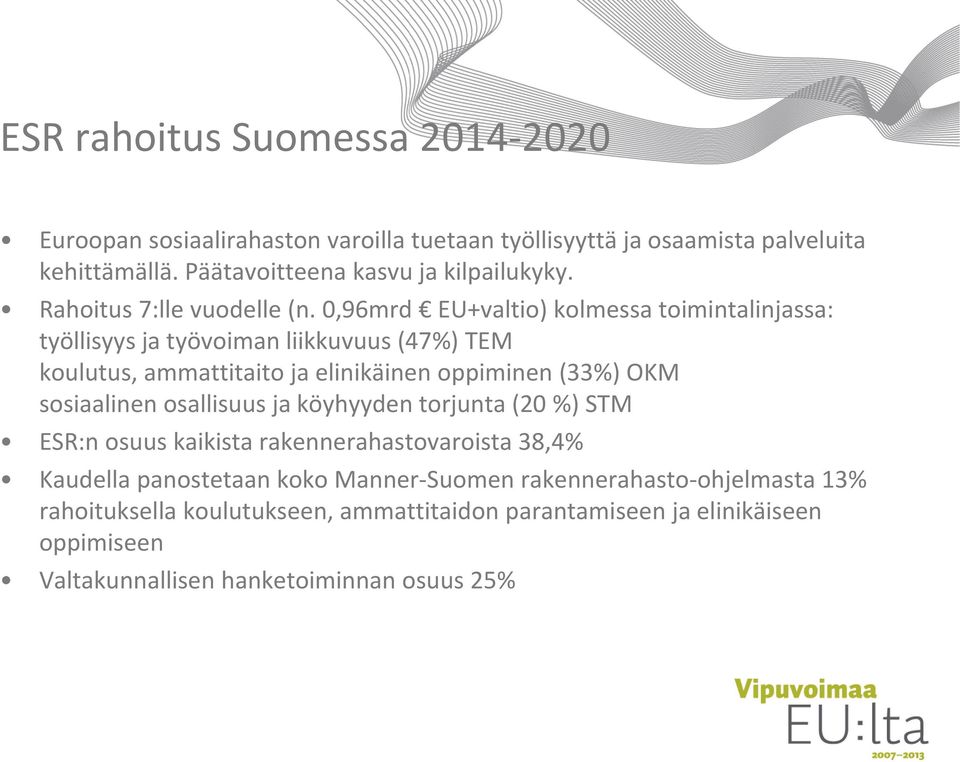 0,96mrd EU+valtio) kolmessa toimintalinjassa: työllisyys ja työvoiman liikkuvuus (47%) TEM koulutus, ammattitaito ja elinikäinen oppiminen (33%) OKM sosiaalinen