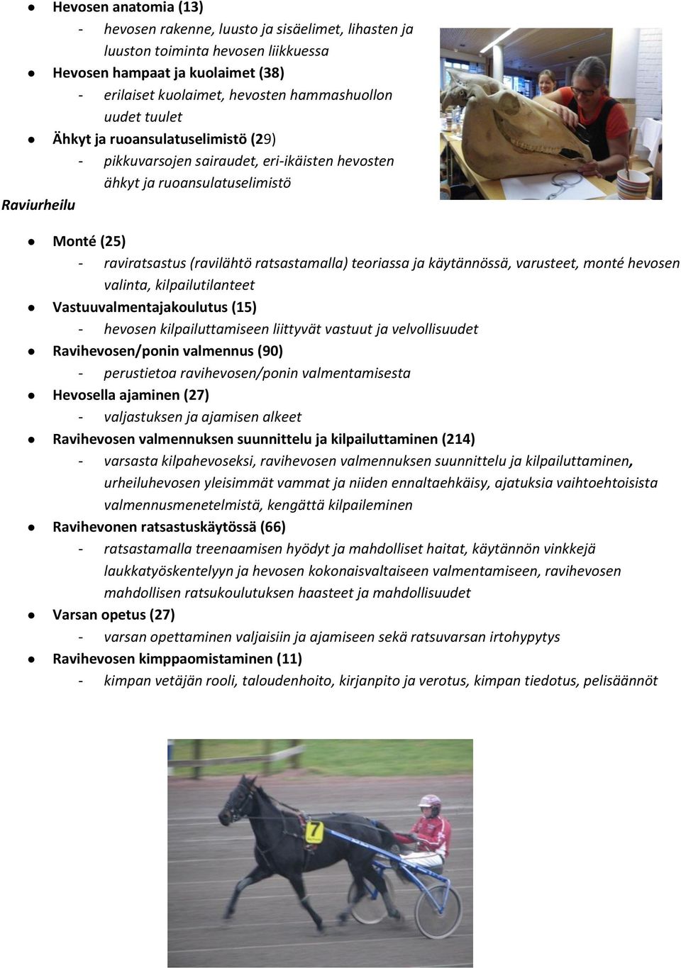 käytännössä, varusteet, monté hevosen valinta, kilpailutilanteet Vastuuvalmentajakoulutus (15) - hevosen kilpailuttamiseen liittyvät vastuut ja velvollisuudet Ravihevosen/ponin valmennus (90) -