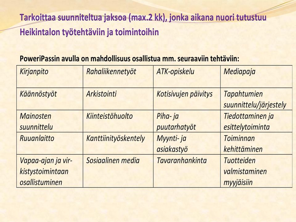 seuraaviin tehtäviin: Kirjanpito Rahaliikennetyöt ATK-opiskelu Mediapaja Käännöstyöt Arkistointi Kotisivujen päivitys Tapahtumien