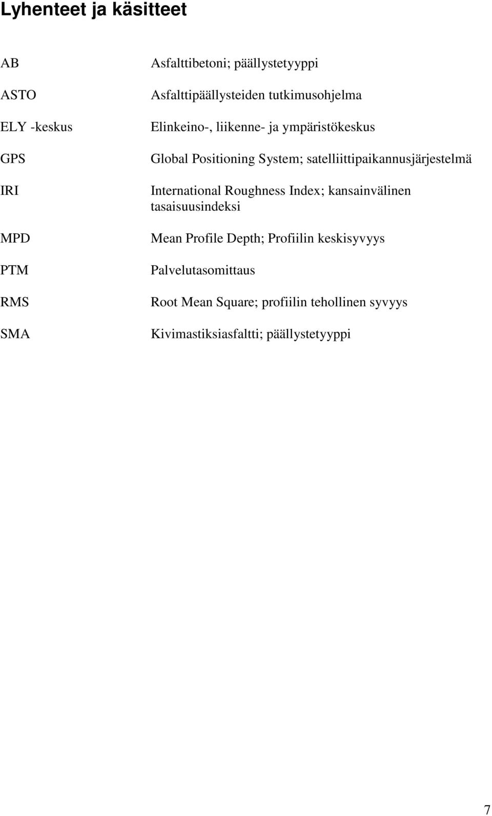 satelliittipaikannusjärjestelmä International Roughness Index; kansainvälinen tasaisuusindeksi Mean Profile