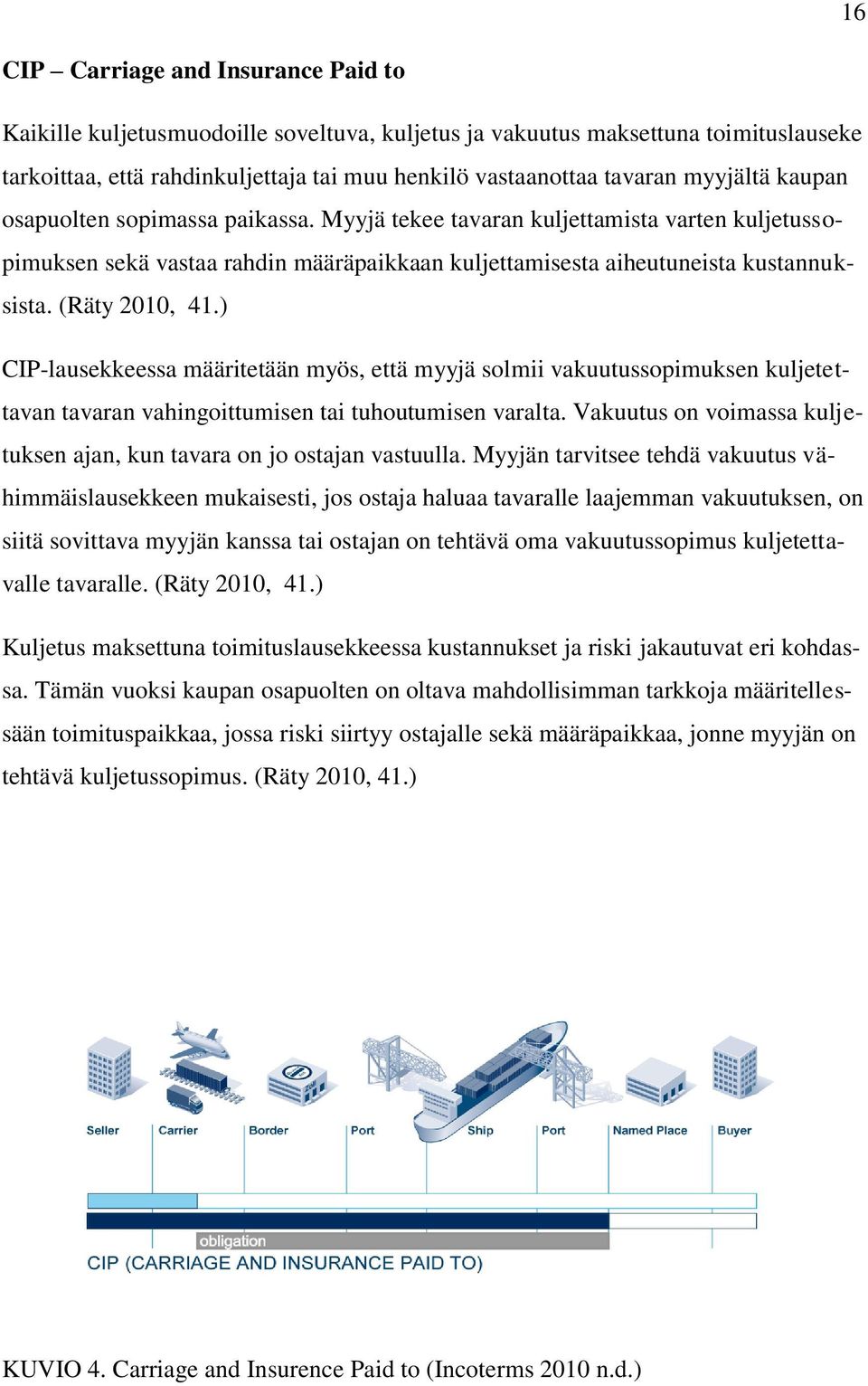 (Räty 2010, 41.) CIP-lausekkeessa määritetään myös, että myyjä solmii vakuutussopimuksen kuljetettavan tavaran vahingoittumisen tai tuhoutumisen varalta.