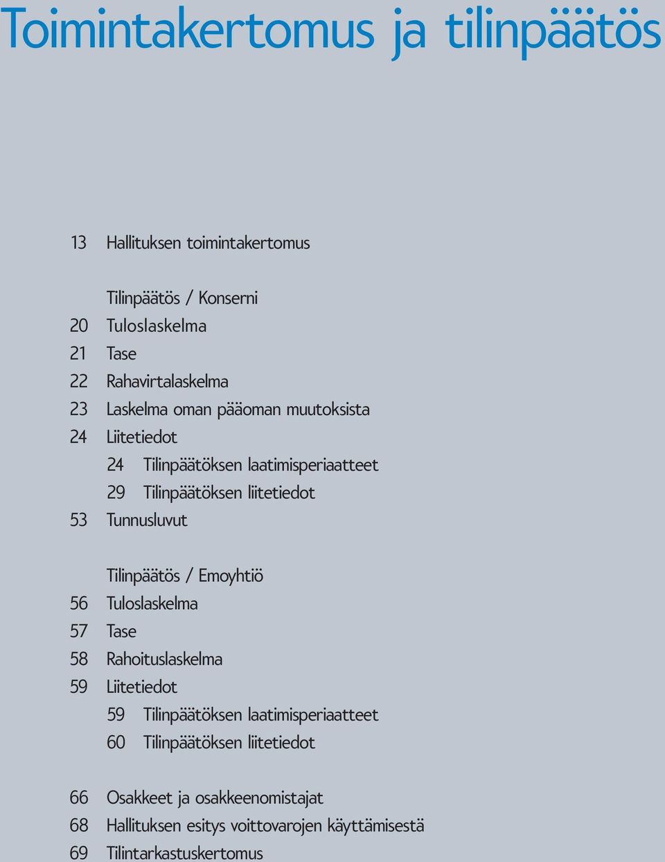 liitetiedot 53 Tunnusluvut Tilinpäätös / Emoyhtiö 56 Tuloslaskelma 57 Tase 58 Rahoituslaskelma 59 Liitetiedot 59 Tilinpäätöksen