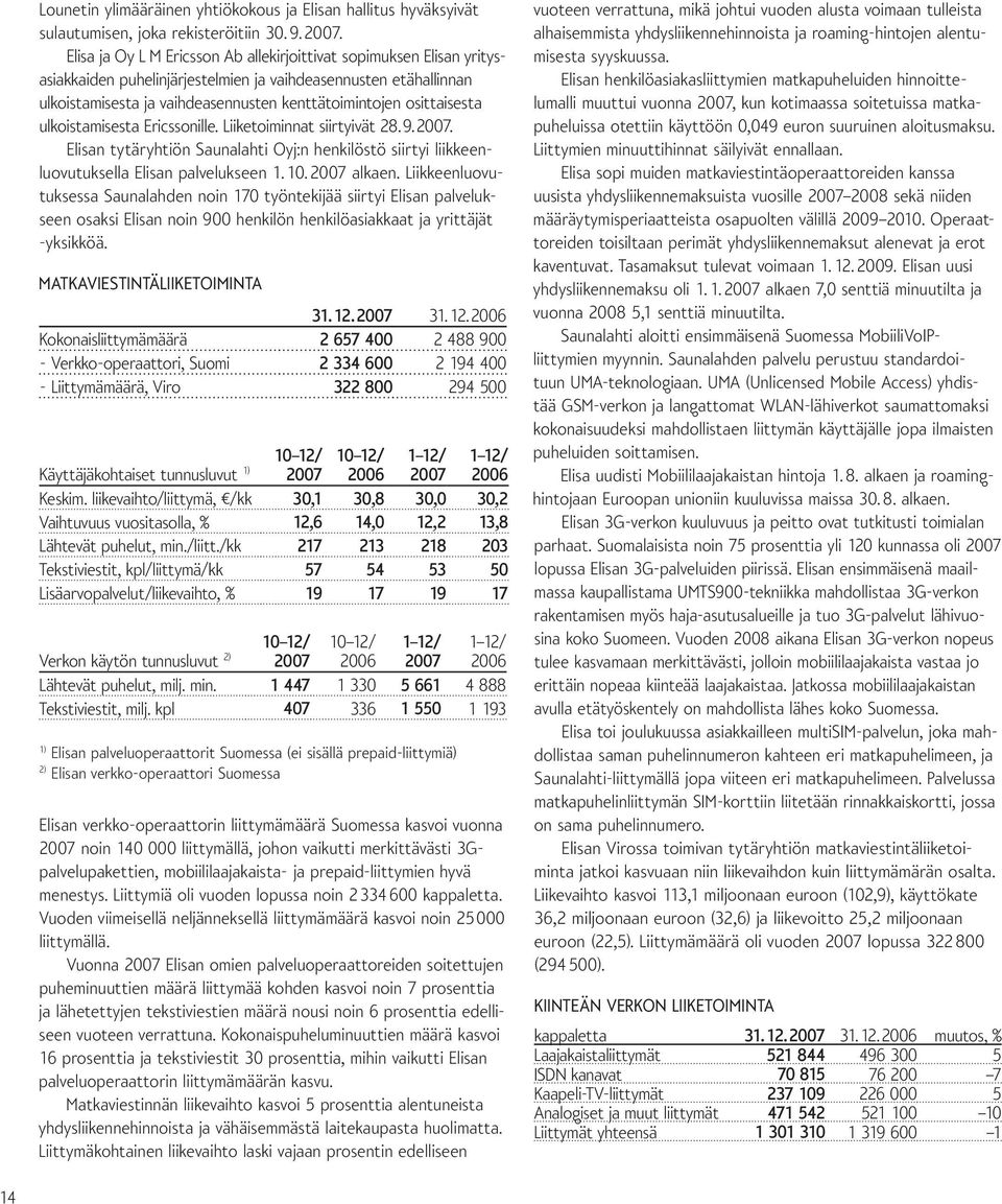 osittaisesta ulkoistamisesta Ericssonille. Liiketoiminnat siirtyivät 28. 9. 2007. Elisan tytäryhtiön Saunalahti Oyj:n henkilöstö siirtyi liikkeenluovutuksella Elisan palvelukseen 1. 10. 2007 alkaen.