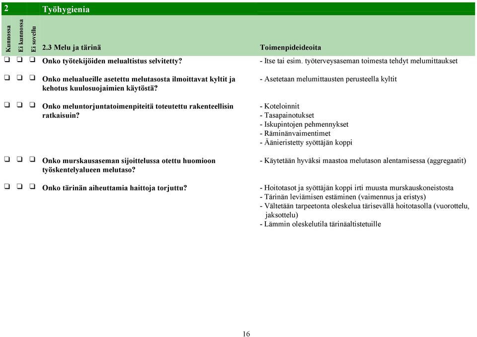 Onko meluntorjuntatoimenpiteitä toteutettu rakenteellisin ratkaisuin? Onko murskausaseman sijoittelussa otettu huomioon työskentelyalueen melutaso?