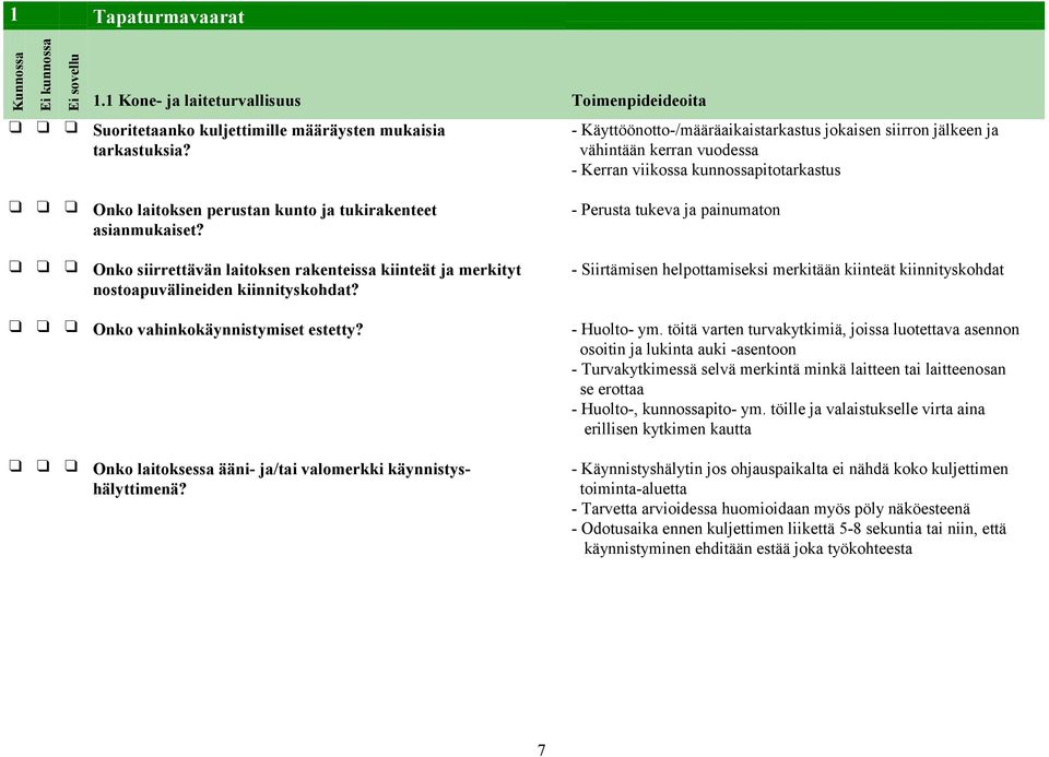 Onko siirrettävän laitoksen rakenteissa kiinteät ja merkityt nostoapuvälineiden kiinnityskohdat?