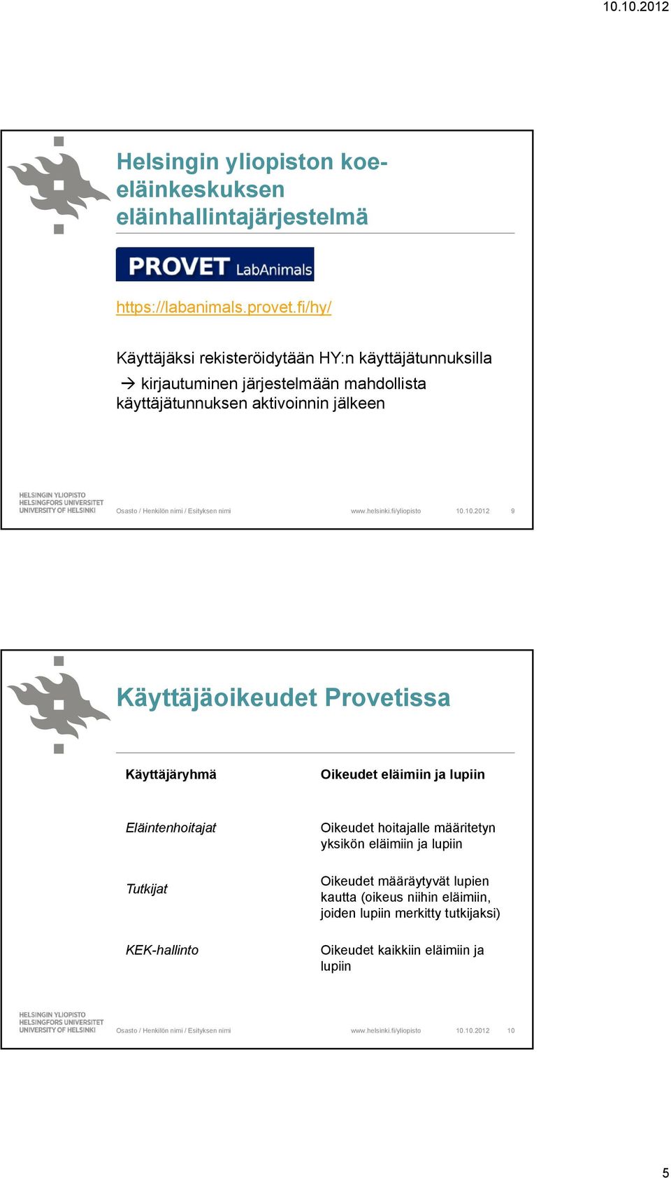 10.10.2012 9 Käyttäjäoikeudet Provetissa Käyttäjäryhmä Oikeudet eläimiin ja lupiin Eläintenhoitajat Tutkijat KEK-hallinto Oikeudet