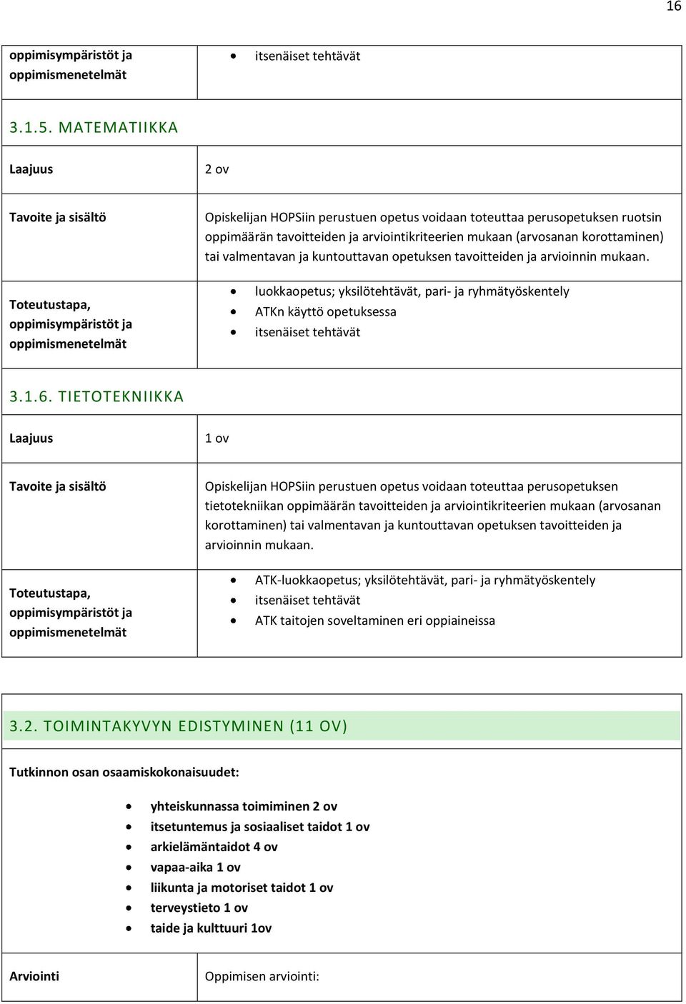 kuntouttavan opetuksen tavoitteiden ja arvioinnin mukaan. luokkaopetus; yksilötehtävät, pari- ja ryhmätyöskentely ATKn käyttö opetuksessa itsenäiset tehtävät 3.1.6.