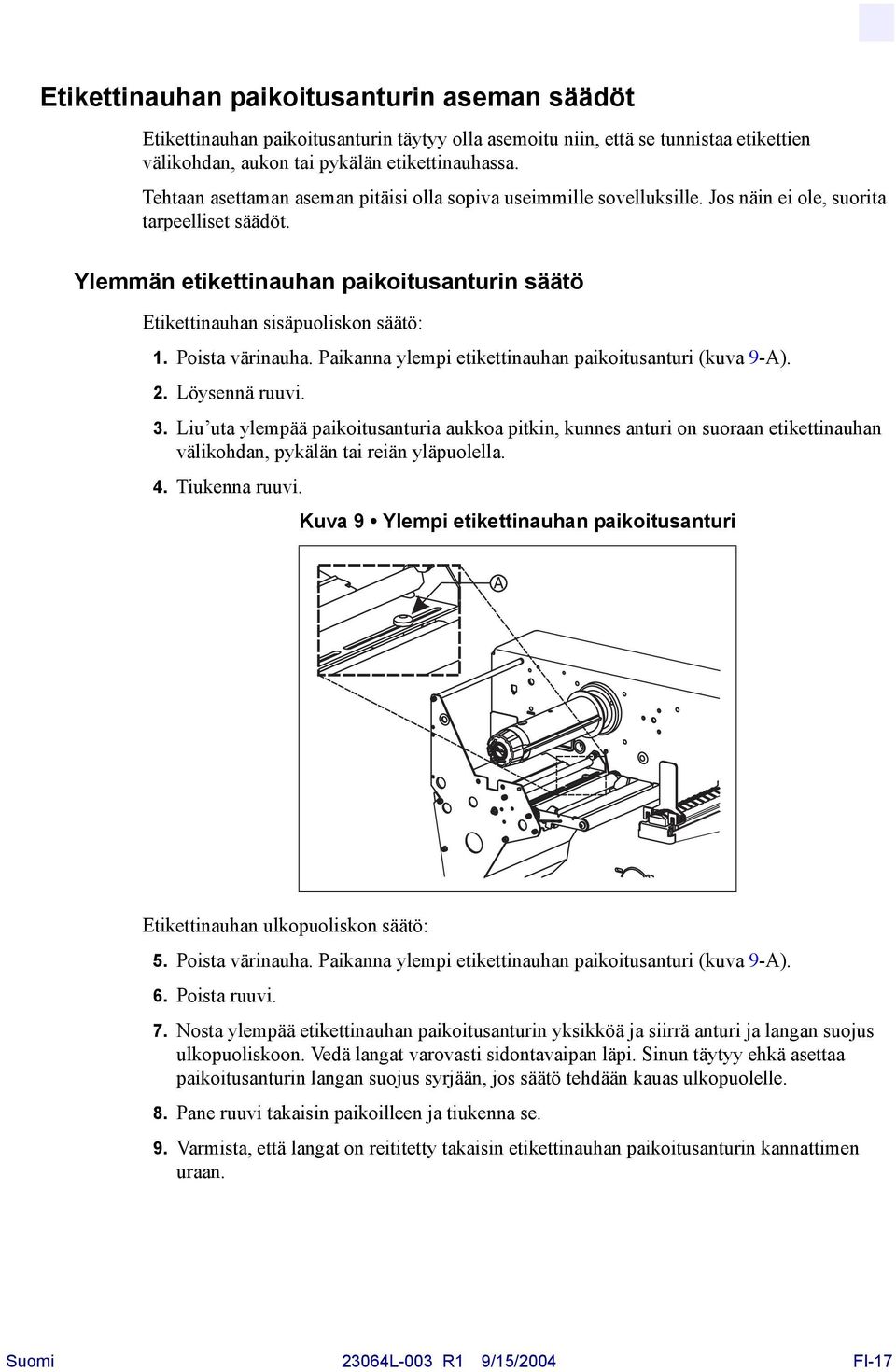 Ylemmän etikettinauhan paikoitusanturin säätö Etikettinauhan sisäpuoliskon säätö: 1. Poista värinauha. Paikanna ylempi etikettinauhan paikoitusanturi (kuva 9-A). 2. Löysennä ruuvi. 3.