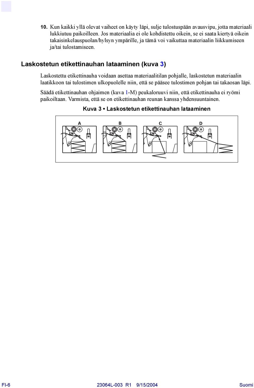 Laskostetun etikettinauhan lataaminen (kuva 3) Laskostettu etikettinauha voidaan asettaa materiaalitilan pohjalle, laskostetun materiaalin laatikkoon tai tulostimen ulkopuolelle niin, että se