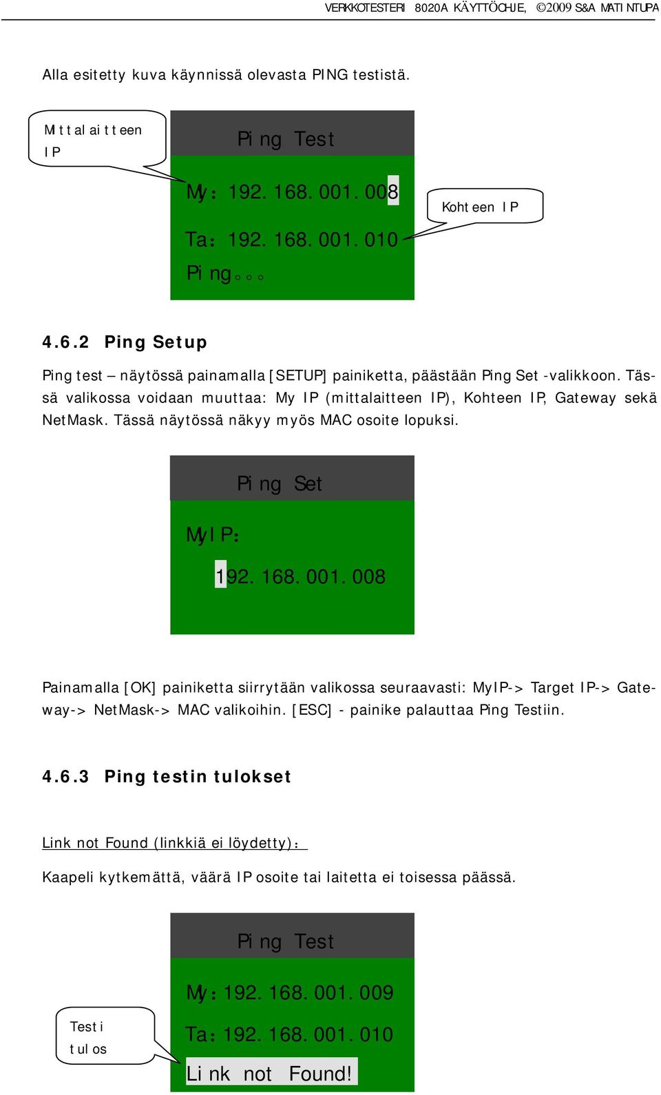 008 Painamalla [OK] painiketta siirrytään valikossa seuraavasti: MyIP-> Target IP-> Gateway-> NetMask-> MAC valikoihin. [ESC] - painike palauttaa Ping Testiin. 4.6.