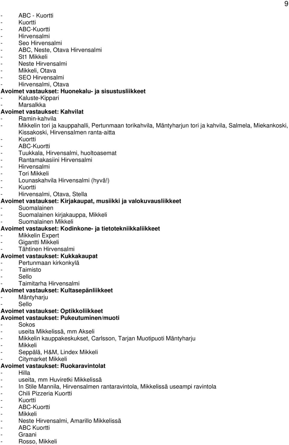 ja kahvila, Salmela, Miekankoski, Kissakoski, Hirvensalmen ranta-aitta - Kuortti - ABC-Kuortti - Tuukkala, Hirvensalmi, huoltoasemat - Rantamakasiini Hirvensalmi - Hirvensalmi - Tori Mikkeli -