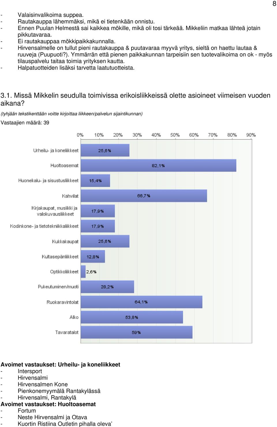 Ymmärrän että pienen paikkakunnan tarpeisiin sen tuotevalikoima on ok - myös tilauspalvelu taitaa toimia yrityksen kautta. - Halpatuotteiden lisäksi tarvetta laatutuotteista. 8 3.1.