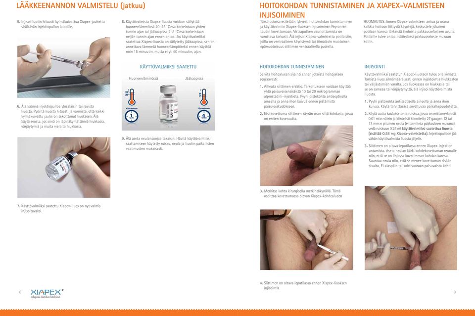 Jos käyttövalmiiksi saatettua Xiapex-liuosta on säilytetty jääkaapissa, sen on annettava lämmetä huoneenlämpöiseksi ennen käyttöä noin 15 minuutin, mutta ei yli 60 minuutin, ajan.