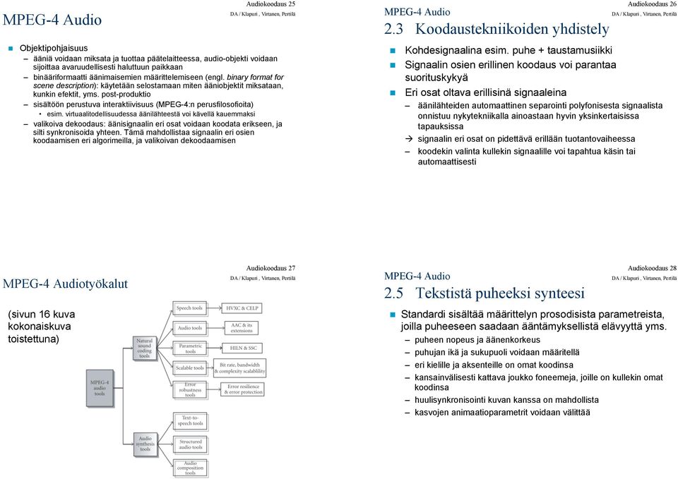 binary format for scene description): käytetään selostamaan miten ääniobjektit miksataan, kunkin efektit, yms. post-produktio sisältöön perustuva interaktiivisuus (MPEG-4:n perusfilosofioita) esim.