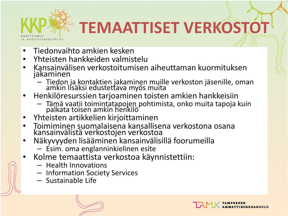 tapoja kuin palkata toisen amkin henkilö Yhteisten artikkelien kirjoittaminen Toimiminen suomalaisena kansallisena verkostona osana kansainvälistä verkostojen verkostoa Näkyvyyden