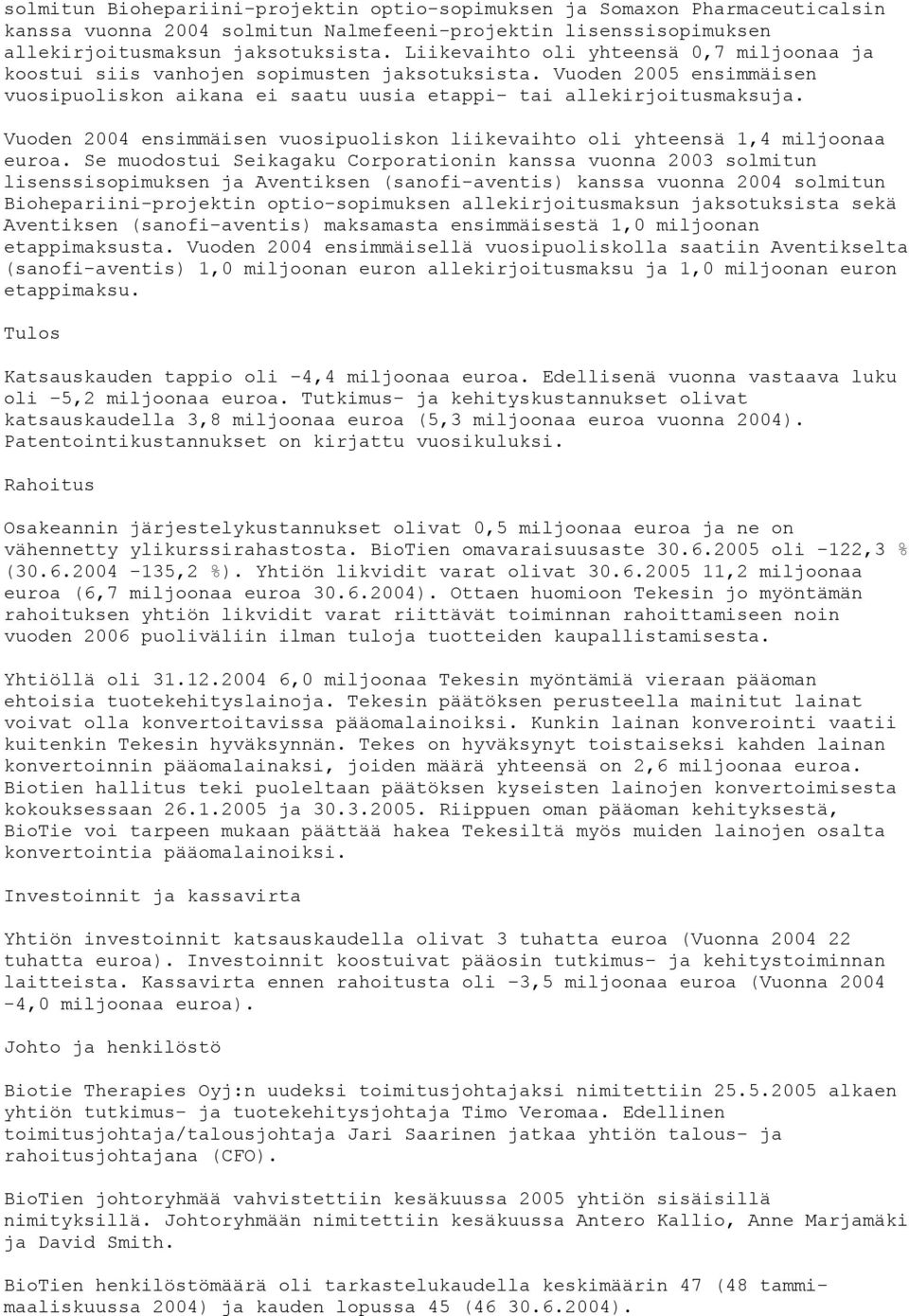 Vuoden 2004 ensimmäisen vuosipuoliskon liikevaihto oli yhteensä 1,4 miljoonaa euroa.