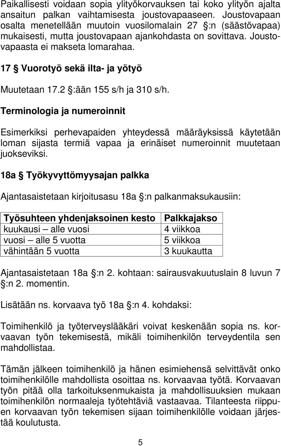 17 Vuorotyö sekä ilta- ja yötyö Muutetaan 17.2 :ään 155 s/h ja 310 s/h.