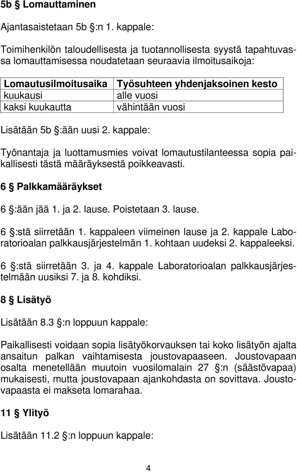 vuosi kaksi kuukautta vähintään vuosi Lisätään 5b :ään uusi 2. kappale: Työnantaja ja luottamusmies voivat lomautustilanteessa sopia paikallisesti tästä määräyksestä poikkeavasti.