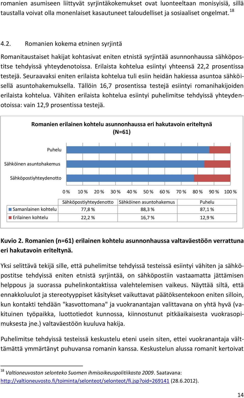 Erilaista kohtelua esiintyi yhteensä 22,2 prosentissa testejä. Seuraavaksi eniten erilaista kohtelua tuli esiin heidän hakiessa asuntoa sähköisellä asuntohakemuksella.