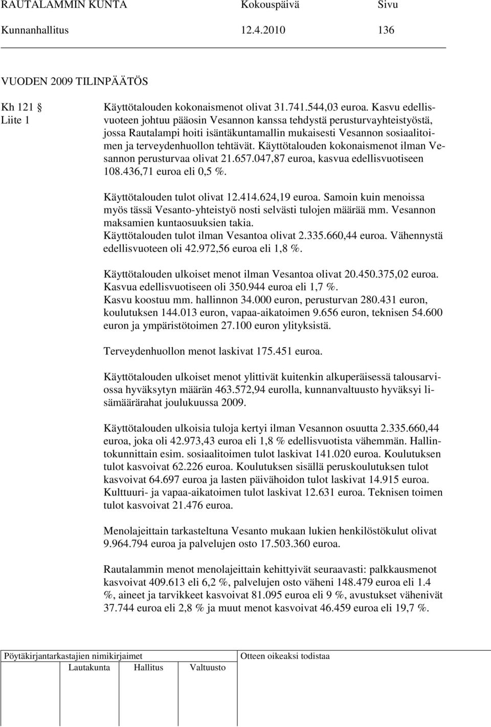 Käyttötalouden kokonaismenot ilman Vesannon perusturvaa olivat 21.657.047,87 euroa, kasvua edellisvuotiseen 108.436,71 euroa eli 0,5 %. Käyttötalouden tulot olivat 12.414.624,19 euroa.