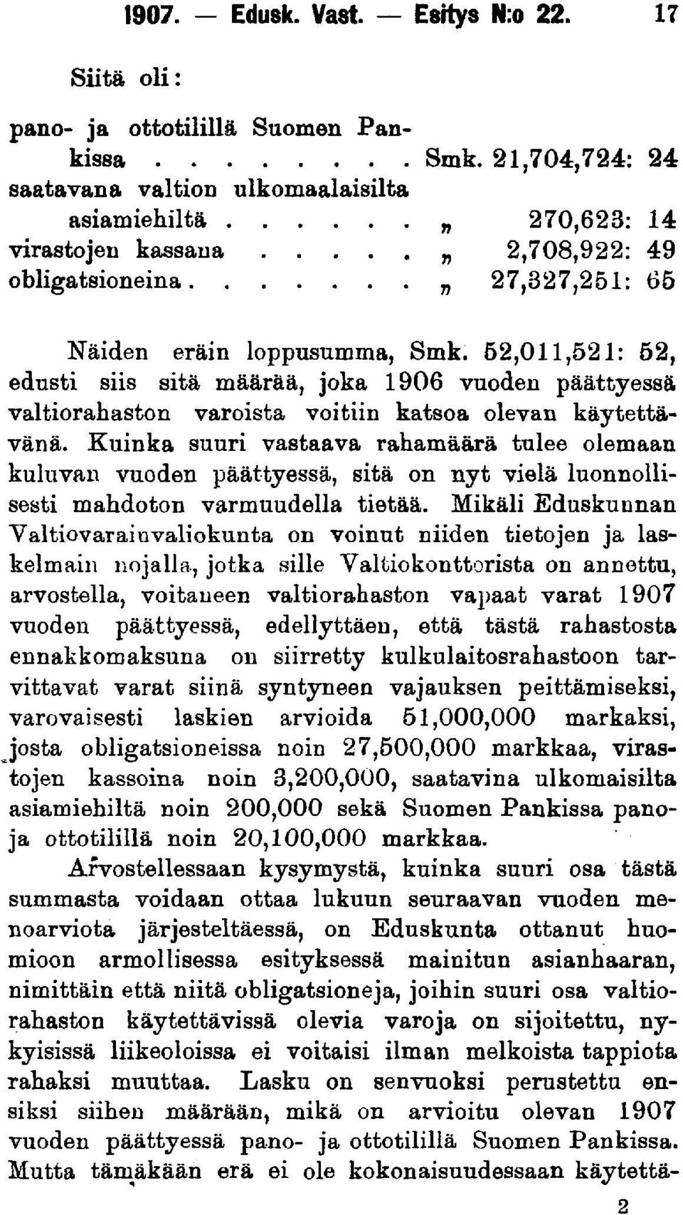 62,011,521: 52, edusti siis sitä määrää, joka 1906 vuoden päättyessä valtiorahaston varoista voitiin katsoa olevan käytettävänä.