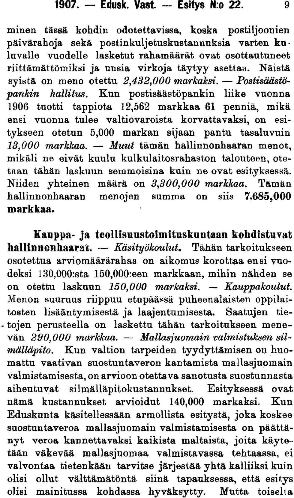 täytyy asettaa. Näistä syistä on meno otettu 2,432,000 markaksi. Postisäästöpankin hallitus.