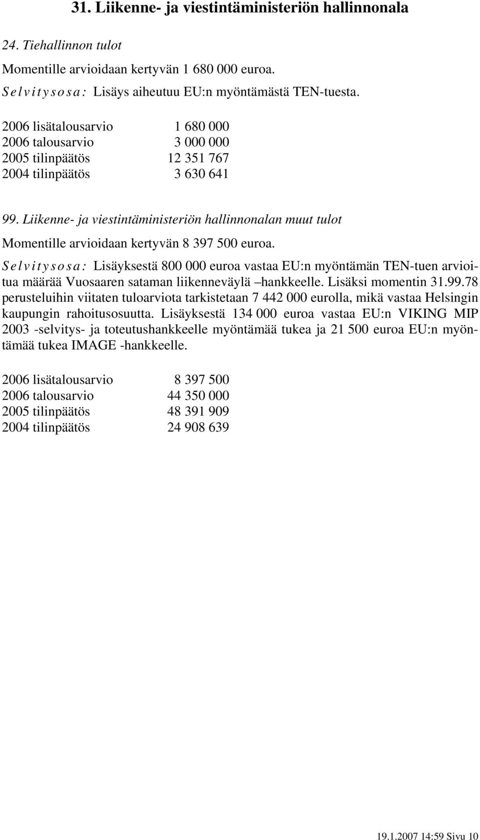 Liikenne- ja viestintäministeriön hallinnonalan muut tulot Momentille arvioidaan kertyvän 8 397 500 euroa.