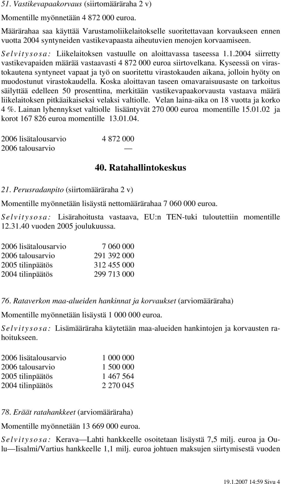 Selvitysosa: Liikelaitoksen vastuulle on aloittavassa taseessa 1.1.2004 siirretty vastikevapaiden määrää vastaavasti 4 872 000 euroa siirtovelkana.