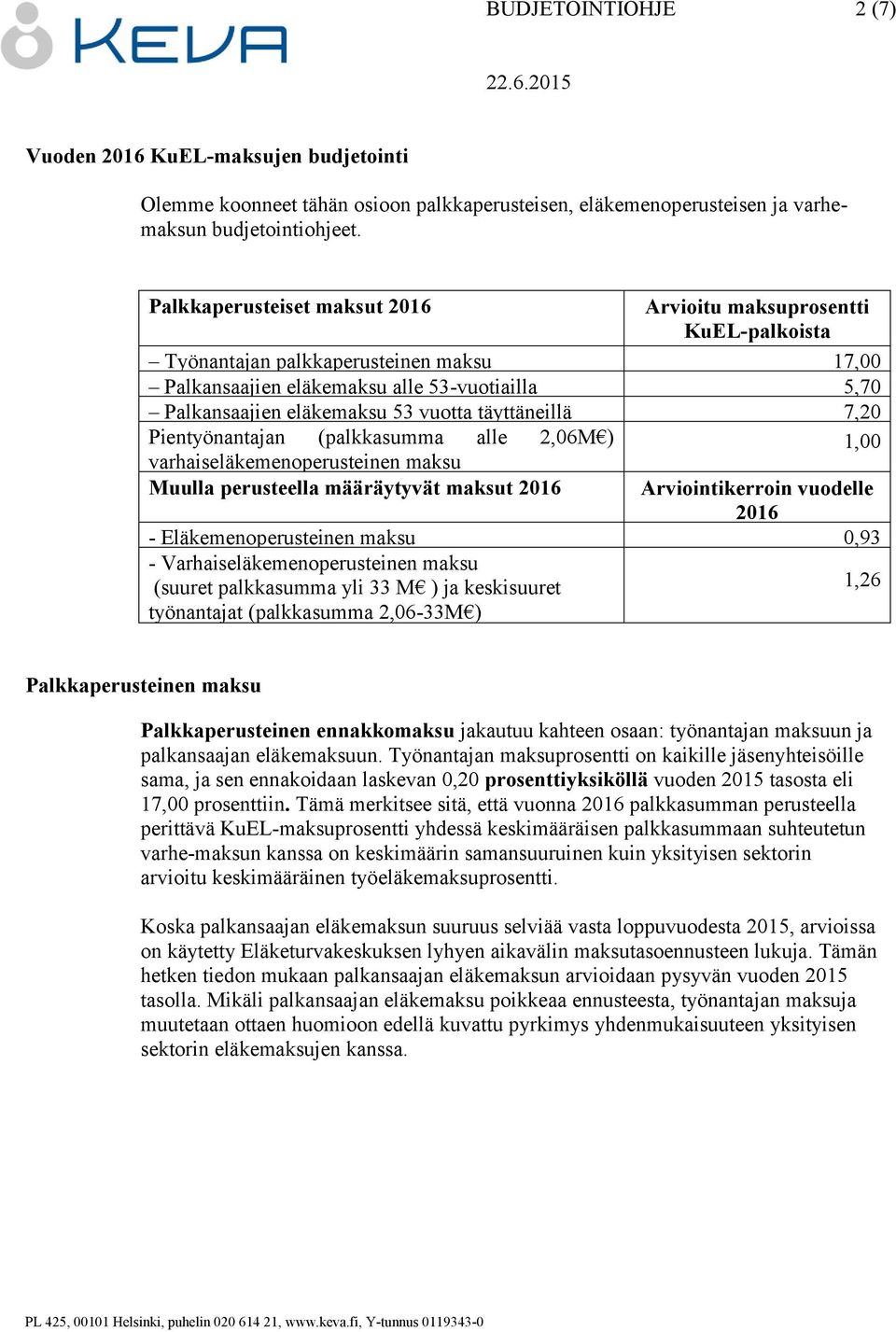 täyttäneillä 7,20 Pientyönantajan (palkkasumma alle 2,06M ) varhaiseläkemenoperusteinen maksu 1,00 Muulla perusteella määräytyvät maksut 2016 Arviointikerroin vuodelle 2016 - Eläkemenoperusteinen