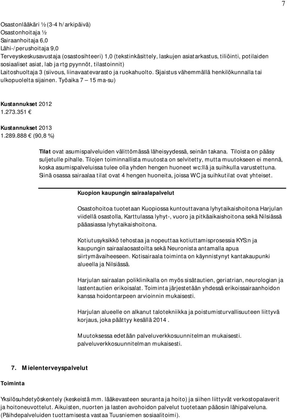 Työaika 7 15 ma-su) Kustannukset 2012 1.273.351 Kustannukset 2013 1.289.888 (90,8 %) Tilat ovat asumispalveluiden välittömässä läheisyydessä, seinän takana. Tiloista on pääsy suljetulle pihalle.