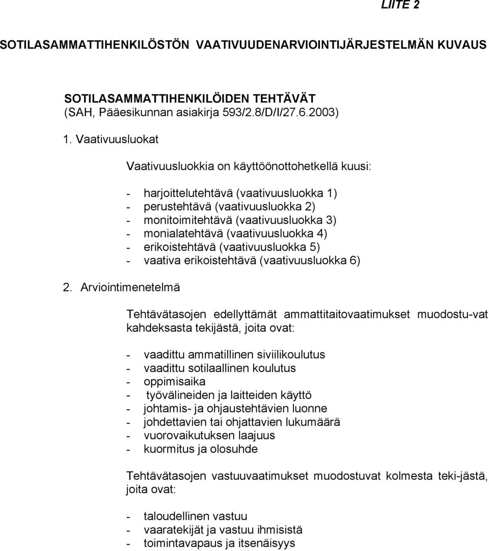 (vaativuusluokka 4) - erikoistehtävä (vaativuusluokka 5) - vaativa erikoistehtävä (vaativuusluokka 6) Tehtävätasojen edellyttämät ammattitaitovaatimukset muodostu-vat kahdeksasta tekijästä, joita